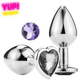 Серебристая металлическая анальная пробка Heart Light Purple S