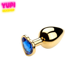 Золотистая металлическая анальная пробка Heart Dark Blue S