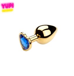 Золотистая металлическая анальная пробка Heart Dark Blue S