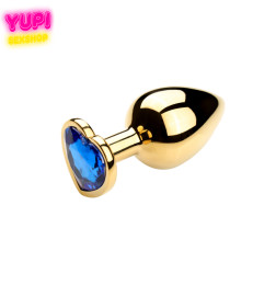 Золотистая металлическая анальная пробка Heart Dark Blue M