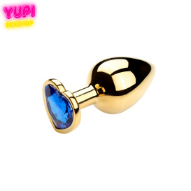 Золотистая металлическая анальная пробка Heart Dark Blue M