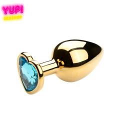 Золотистая металлическая анальная пробка Heart Light Blue L