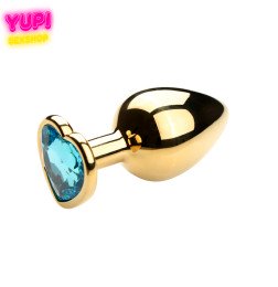 Золотистая металлическая анальная пробка Heart Light Blue L