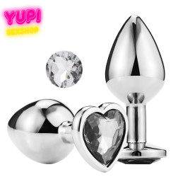 Серебристая металлическая анальная пробка Heart White L