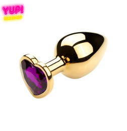 Золотистая металлическая анальная пробка Heart Dark Purple L