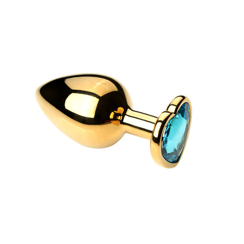 Золотистая металлическая анальная пробка Heart Light Blue M