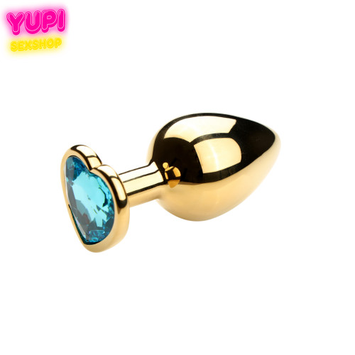 Золотистая металлическая анальная пробка Heart Light Blue M
