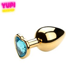 Золотиста металева анальна пробка Heart Light Blue M