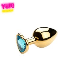 Золотистая металлическая анальная пробка Heart Light Blue S