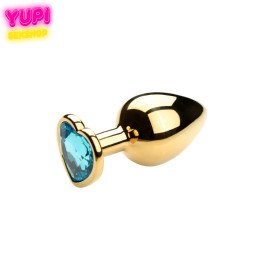 Золотиста металева анальна пробка Heart Light Blue S