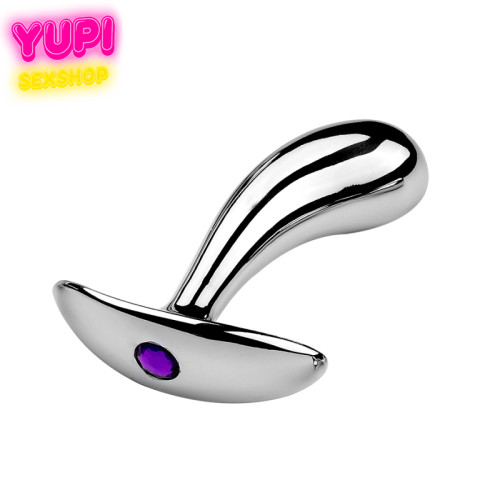 Серебристая металлическая анальная пробка Dew Drop Purple M