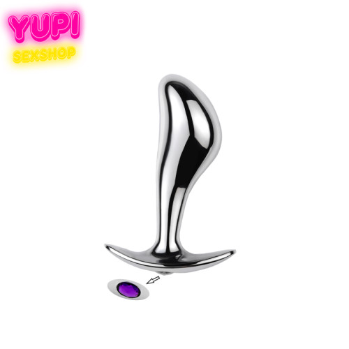 Серебристая металлическая анальная пробка Rain Drop Purple S