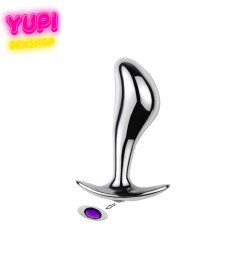 Серебристая металлическая анальная пробка Rain Drop Purple S