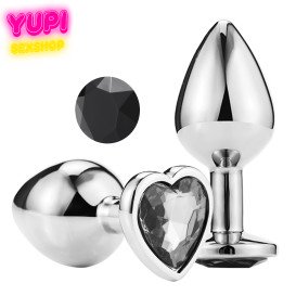 Серебристая металлическая анальная пробка Heart Black L