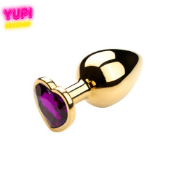 Золотистая металлическая анальная пробка Heart Dark Purple M