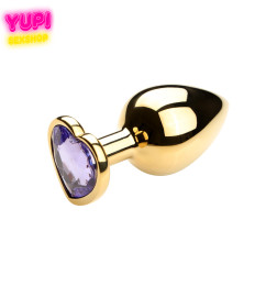 Золотистая металлическая анальная пробка Heart Light Purple L