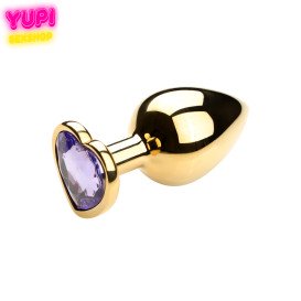 Золотистая металлическая анальная пробка Heart Light Purple L