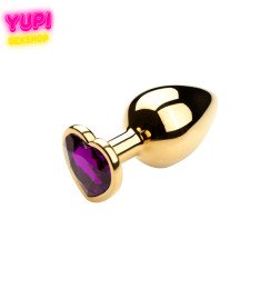 Золотистая металлическая анальная пробка Heart Dark Purple S