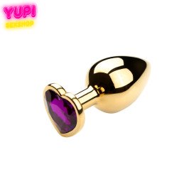 Золотистая металлическая анальная пробка Heart Dark Purple S