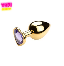 Золотистая металлическая анальная пробка Heart Light Purple M