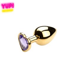 Золотистая металлическая анальная пробка Heart Light Purple S