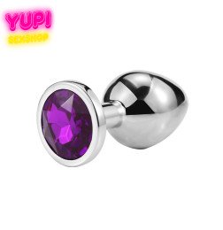 Серебристая металлическая анальная пробка Circle Dark Purple S