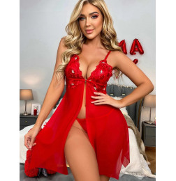 Прозрачная кружевная пижама и тонкие трусики слинг Eloquence Red XL