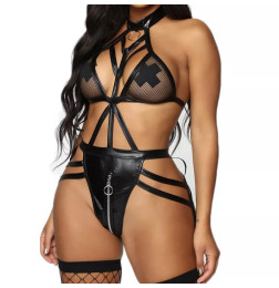 Комплект бондаж из кожи и сетки с молнией Demure S