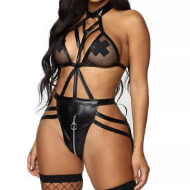 Комплект бондаж из кожи и сетки с молнией Demure S