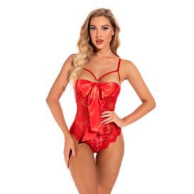 Кружевное боди с бантом и открытой грудью Crazy Lady Red XL