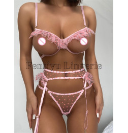 Прозрачный открытый комплект нижнего белья из шифона с кружевами Chaleur Pink S