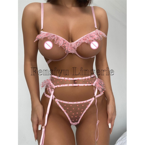 Прозрачный открытый комплект нижнего белья из шифона с кружевами Chaleur Pink S