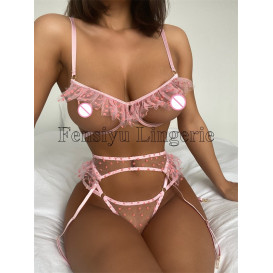 Прозрачный открытый комплект нижнего белья из шифона с кружевами Chaleur Pink L