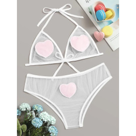 Прозрачный комплект женского нижнего белья с сердечками и бантом Dalliance S