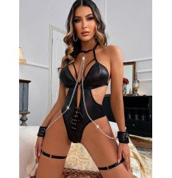 Кожаное боди черного цвета с наручниками и цепью Lollygag S