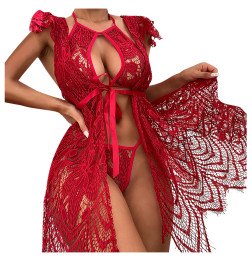 Кружевная ночная рубашка с раздельным бюстгальтером и стрингами Amity Red XL