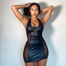 Платье кожаное с прозрачными вставками и шнуровкой Lady Luck L