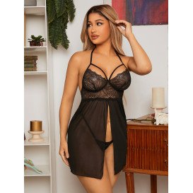 Прозрачная комбинация на бретелях с кружевным лифом и стрингами Wicked M