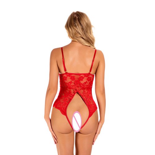 Кружевное боди с бантом и открытой грудью Crazy Lady Red S
