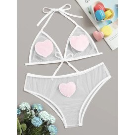 Прозрачный комплект женского нижнего белья с сердечками и бантом Dalliance L