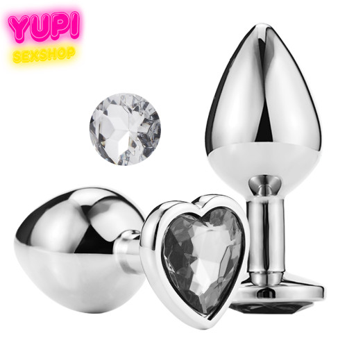 Серебристая металлическая анальная пробка Heart White M