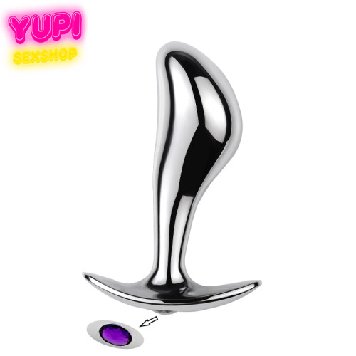 Серебристая металлическая анальная пробка Rain Drop Purple L