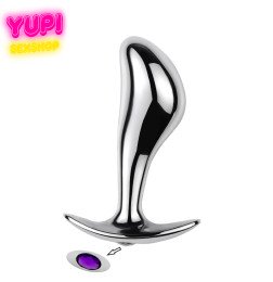 Серебристая металлическая анальная пробка Rain Drop Purple L