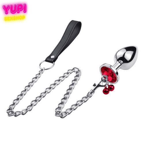 Металева анальна пробка з повідцем Control Bell Circle Red L