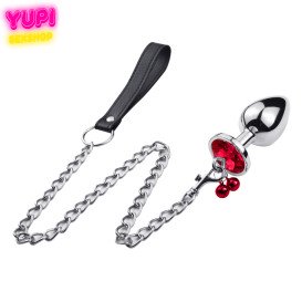 Металева анальна пробка з повідцем Control Bell Circle Red L