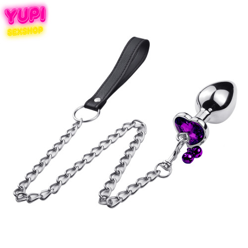 Металлическая анальная пробка с поводком Control Bell Heart Purple M