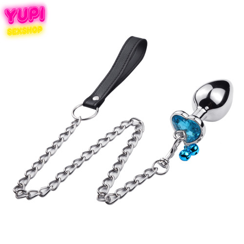 Металлическая анальная пробка с поводком Control Bell Heart Light Blue M