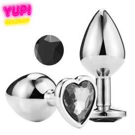 Серебристая металлическая анальная пробка Heart Black M