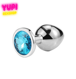 Серебристая металлическая анальная пробка Circle Light Blue M