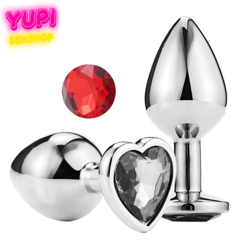 Серебристая металлическая анальная пробка Heart Red M